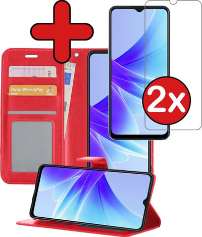 Hoesje - Met 2x Screenprotector - Geschikt voor OPPO A17 - Luxe Pasjeshouder - Flip Case - Bookcase Portemonee - Kunstleer Book Case - Flipcase Hoes - Book Cover - Walletcase - Portemonneehoes - Telefoonhoes - Rood