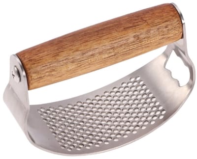 Knoflookstamper - Knoflookpers - RVS-tuimelaar - Vaatwasserbestendig - Knoflookpers met hoogwaardig houten handvat - 10 x 5,1 cm