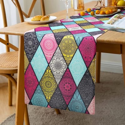 tafelloper kleurrijk rechthoekig tafelkleed Boheemse geometrische ruiten strepen jacquard bedvlag tafelblad thuis keuken eetkamer decoratie bruiloft vakantie feest decoratie 33 x 183 cm (B)