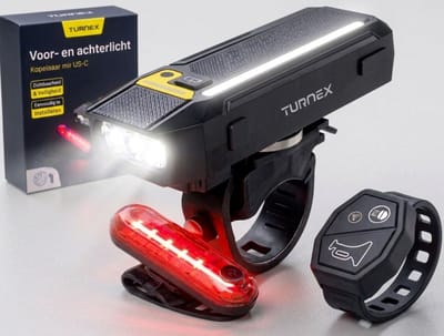 TURNEX Fietsverlichting Set met Elektrische Bel – USB Oplaadbaar Fietslicht – Waterdicht – Extra Fel Fietslamp – Batterij Display – Eenvoudige Montage – Fietslampjes Met Meerdere Lichtstanden