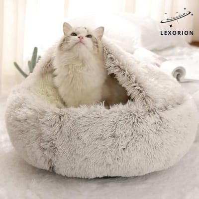 Kattenmand “Shell” Ø 50 cm – Luxe Pluche & Extra Gevuld – Comfortabel Halfgesloten Design – Antislip Bodem – Koffie