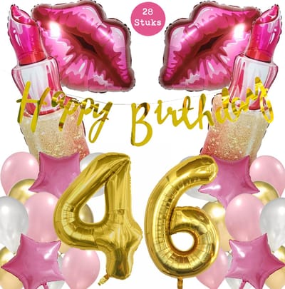 Snoes Mega Beauty Helium Ballonnen Set 46 Jaar - Roze Helium Folieballonnen - Slinger Happy Birthday Goud