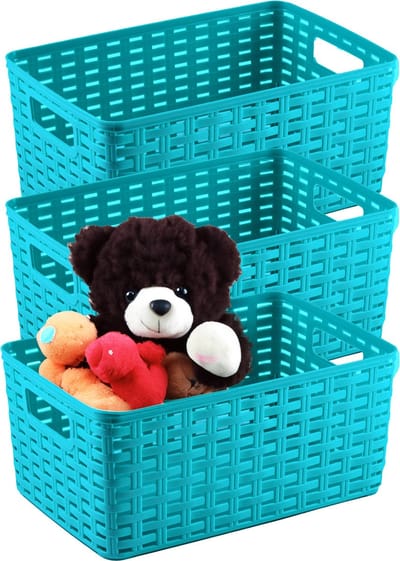 Plasticforte Opbergmand - 3x - Kastmand - rotan kunststof - turquoise blauw - 12 Liter - 30 x 37 x 13 cm