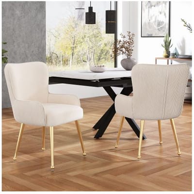 Chaise de salle à manger - MUVOE - Velours beige - Lot de 2 - Accoudoirs - Pieds en métal doré beige
