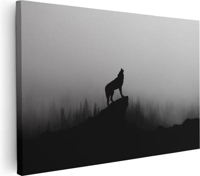 Artaza Canvas Schilderij Wolf In Mist - 30x20 cm - Klein - Wanddecoratie Bergen - Muurdecoratie Bos - Kamer Accessoires Dieren