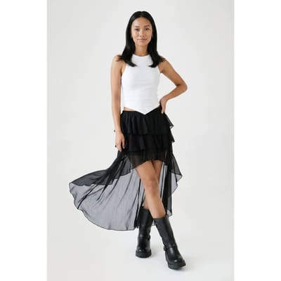 boohoo Dames Chiffon Waterval Hoog-laag Zoom Rok | Zwart | Maat: 38