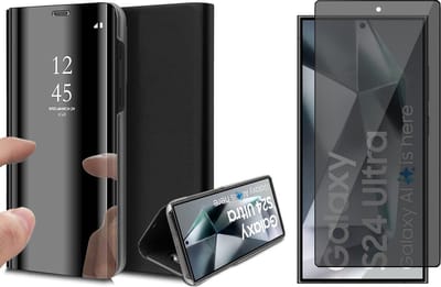 Hoesje geschikt voor Samsung Galaxy S24 Ultra - Privacy Screenprotector Volledig Dekkend Glas - Spiegel Book Case Zwart