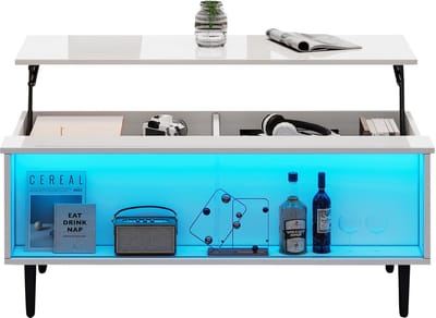 MODFU Hoogglans verstelbare salontafel 105x50x43 cm — LED, verborgen opbergruimte, gehard glas display, wit, 4 poten