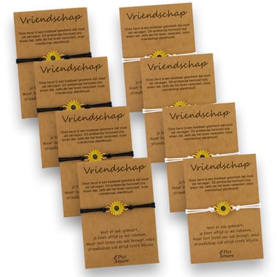 Vriendschapsarmbandjes voor 8 "Vriendschap" - Zonnebloem - BFF Armbandjes met Persoonlijk Cadeau Kaartje - Wit & Zwart met Bloem Hanger - Op Acht Kaartjes- Pax Amare