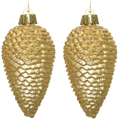 Decoris Kersthangers dennenappels - 12x st - goud - glitter - 8 cm - kunststof - kerstversiering