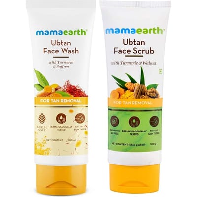Mamaearth Tan Removal Combo Gezichtsreiniger 100ml + Scrub 100g Voor Stralende Huid, Exfoliatie & Gelijkmatige Toon | Pak van 2 | Alle Huidtypen beige