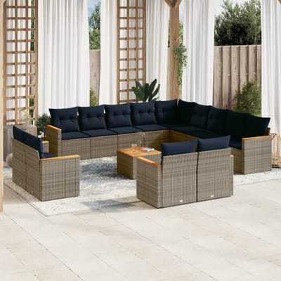 vidaXL - 14-delige - tuinbankset - met - kussens, - grijs - polyrotan