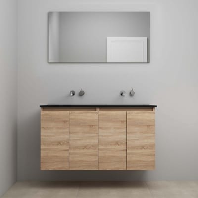 On-Line Badkamermeubelset - 120 cm - Voorgemonteerd - Greeploze Ladestructuur - Acryl Wastafel - zonder Kraangat - Spiegel - Eiken - V02