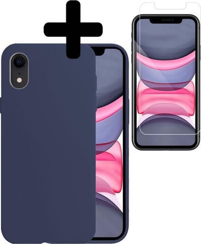 Hoesje - Met Screenprotector - Geschikt voor Apple iPhone XR - Sterk & Shockproof - Back Cover - Siliconen Case - Telefoon Hoes - Telefoonhoesjes - Donkerblauw