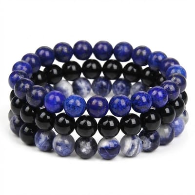 Blauw zwart kralen armband set voor dames en heren – elastische armband van steen – 3 stuks
