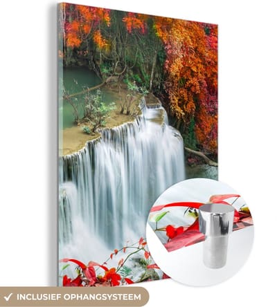 MuchoWow® Glasschilderij 30x40 cm - Schilderij acrylglas - Bomen - Waterval - Herfst - Natuur - Foto op glas - Schilderijen