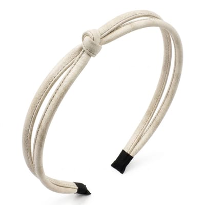 Crèmekleurige haarband – dames haar accessoire – minimalistische hoofdband met knoop detail – slanke dubbele band – flexibele kunststof basis – geschikt voor dagelijks gebruik