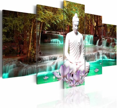 Schilderij - Nature Sanctuary , waterval , boeddha , groen bruin , 5 luik