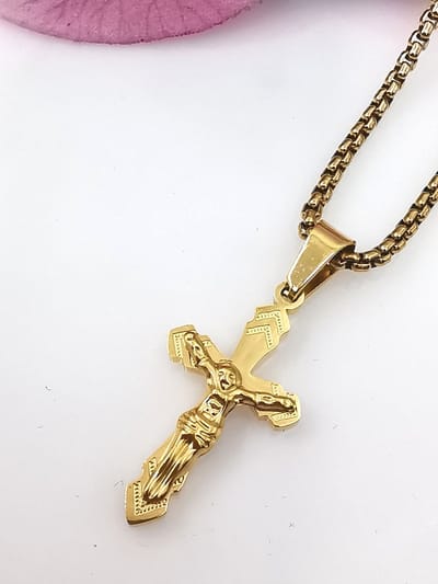 Kruis met Jezus - Religieus Christus Kruis Hanger met RVS goudkleurig ketting L 45 cm Ketting - Prachtig - Cadeau.