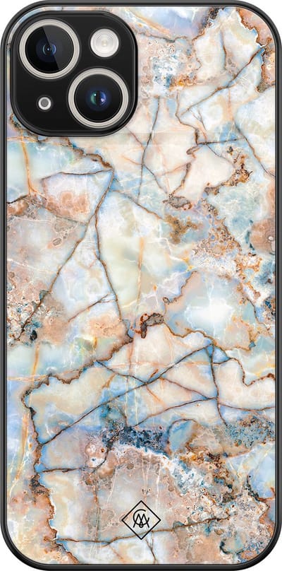 Casimoda® hoesje - Geschikt voor iPhone 14 - Marmer Bruin Blauw - Luxe Hard Case Zwart - Backcover telefoonhoesje - Bruin