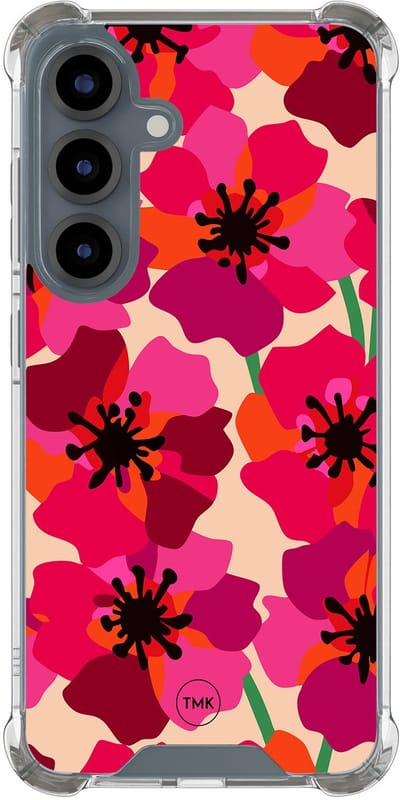 Shockproof hoesje geschikt voor Samsung Galaxy S25 - Pink floral bliss - Schokbestendig - Verhoogde randen - TPU case - Extra Sterke Back Cover - Bloemen - Transparant, Roze