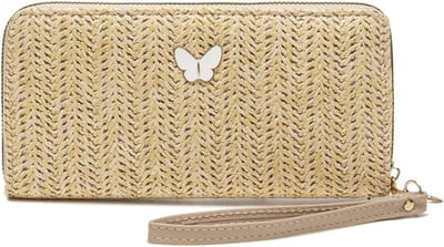 Stro-portemonnee voor dames met armband, grote zomerportemonnee met vlinderdecoratie, ideale kaarthouder voor strand en dagelijks gebruik, Kaki, 20x10x2,5cm