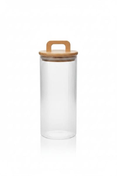 Voorraadpot borosilicaatglas XL – luchtdicht houten deksel – 1,6 l – transparant – geribbeld