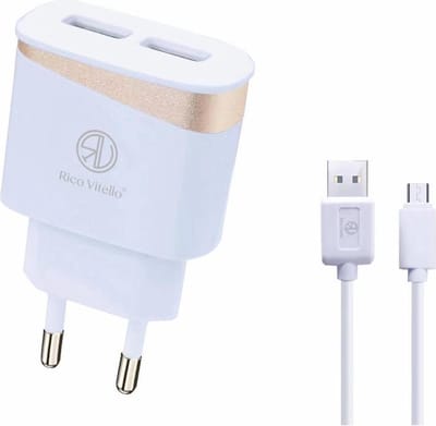 Oplader Rico Vitello, thuislader 2,4A  en kabel 1 meter wit, USB Micro/geschikt voor Samsung S6../S7../J serie.., micro oplaadpoort Wit , travel charger
