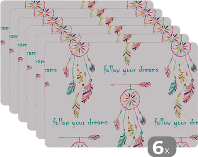 Placemat - Placemats kunststof - Dromen - Dromenvanger - Veren - Patronen - Regenboog - 45x30 cm - 6 stuks - Hittebestendig - Anti-Slip - Onderlegger - Afneembaar