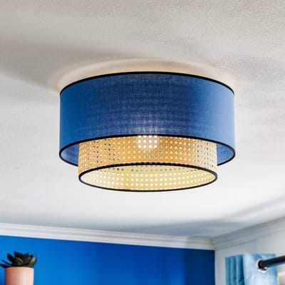 Duolla Boho-plafondlamp, blauw/hout/zwart, Ø 45 cm, textiel/rotan