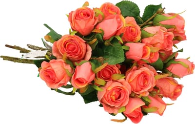 Emerald Kunstbloemen boeket Rozen - 8x - 44 cm - koraal roze - Kunst zijdebloemen