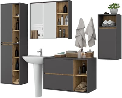 Badkamermeubelset VAMI 4-delige / hangende Badkamerkasten / 21 Planken en 2 Lades / Grafietgrijs - Artisan Eik / AKORD Furniture Factory