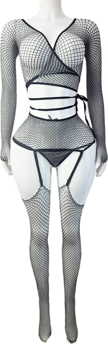 BamBella ® - Panty pak -Onesize - body suite set - Dames - Onesize - Erotische jumpsuit van kant erotische lingerie doorzichtig zwart grijs