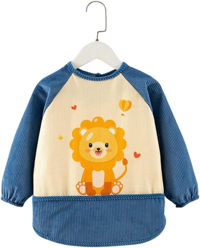 Babyslabbetje Lange Mouwen - Wasbaar Voedingsslabbetje - Baby Eten - Waterdicht & Gemakkelijk - 6-24 Maanden - Blauw Leeuw