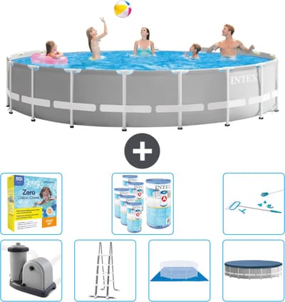 Intex Rond Prism Frame Zwembad - 548 x 122 cm - Grijs - Inclusief Pomp - Ladder - Grondzeil - Afdekzeil Onderhoudspakket - Filters - Schoonmaakset