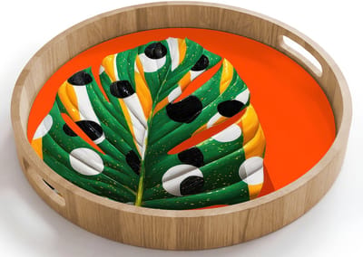 Dienblad rond 40x40 cm - Schootdienblad hout - Blad - Oranje - Stippen - Kleurrijk - Borrelplank rechthoek - Plateau houten dienbladen
