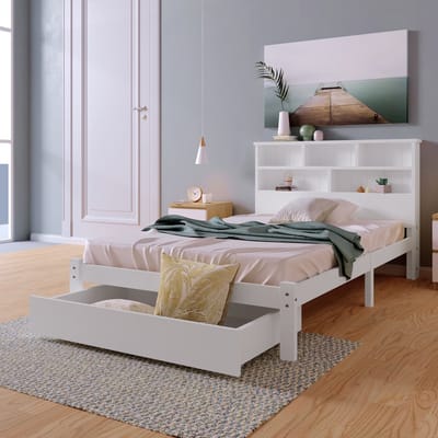 MEUNIQ eenpersoonsbed 90x200 cm met boekenrek hoofdbord, opberglade en lattenbodem, wit bedframe met opbergruimte voor slaapkamer