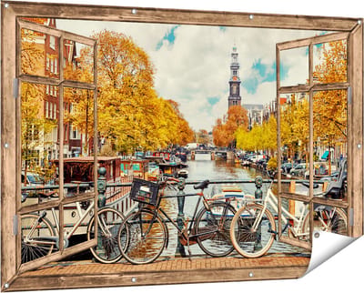 Gards Tuinposter Doorkijk Amsterdamse Brug bij een Brug met Fietsen - 150x100 cm - Tuindoek - Tuindecoratie - Wanddecoratie buiten - Tuinschilderij