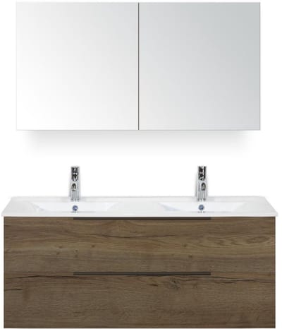 Seville Badmeubelset 120 cm - 2 Laden Tabacco Edge - Wastafel Enjoy Dubbel met Spiegelkast