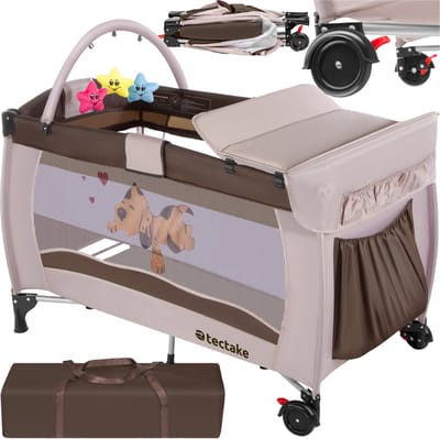 tectake® Kinderreisbedje in hoogte verstelbaar met aankleedkussen en draagtas - Incl. boog met speelfiguren - 132x75x104 cm - diverse kleuren - Bruin