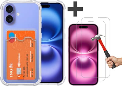 Hoesje Geschikt voor iPhone 16 Hoesje met Pashouder Siliconen Shockproof Case - Arara Backcover met 2 stuks screenprotectors - Transparant