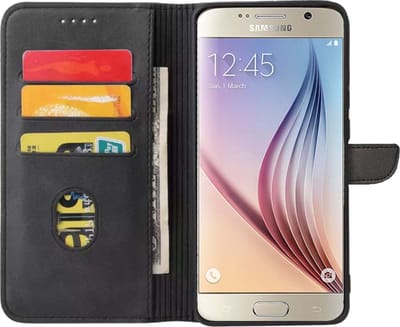 Geschikt voor Samsung Galaxy S6 Telefoonhoesje Kunstleer met Magnetisch lipje en Pasjeshouder Book Case met Klepje - Zwart - Smartphonica geschikt voor Samsung Galaxy S6