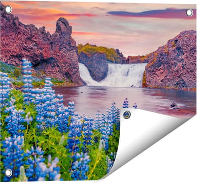 Gards Tuinposter Waterval met Blauwe Lupine Bloemen - 50x40 cm - Tuindoek - Tuindecoratie - Wanddecoratie buiten - Tuinschilderij