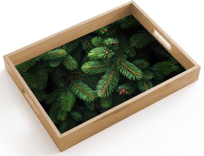 Dienblad hout 40x30 cm - Schootdienblad - Sparrentakken - Knoppen - Naalden - Groen - Borrelplank rechthoek - Plateau dienbladen
