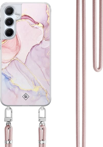 Casimoda® hoesje met koord - Geschikt voor Samsung A15 - Marmer roze paars - Afneembaar koord - TPU/polycarbonaat - Paars