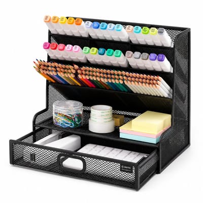 BOTC Bureau Organizer - XXL 10 in 1 Brievenbak - Pennenkoker - 27x26x15CM - Met Lade - Pennenhouder - Pennenbakje Hout/Fineer - Metaal - Zwart