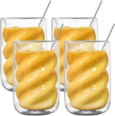 Macchiato glazen, dubbelwandig, set van 4, 350 ml dubbelwandige koffieglazen, cappuccinoglazen met 4 lepels, cappuccinokopjes, glazen spiraal, hittebestendig, koffieglazen voor thee, melk