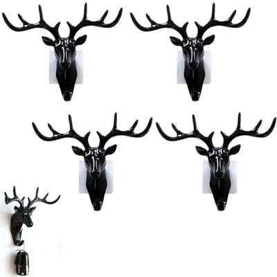 4 stuks - sleutelhangerhaak in de vorm van een hert - Decoratieve wandhaak met hertenkop - Zelfklevende enkele wandhaak - Geschikt voor sleutels, sjaals en riemen - Zwart - 185 x 165 mm - Geschikt voor woonkamers, slaapkamers en keukens