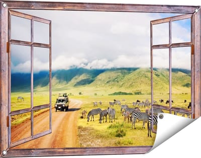 Gards Tuinposter Doorkijk Safari Auto tussen de Zebra's - 90x60 cm - Tuindoek - Tuindecoratie - Wanddecoratie buiten - Tuinschilderij
