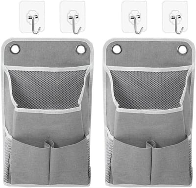 Set van 2 Hangende Organisers met 4 Haken - Linnen Opbergzak, Waterdichte Hangende Plank - Vouwbaar met 5 Vakken - Geschikt voor Badkamer - Slaapkamer en Motorhome - 36 x 22 x 10 cm - Grijs